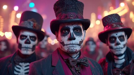 Latinos wearing sugar skull face paint for day of the dead holiday