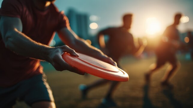 Man Holding Orange Flying Disc with People Running in Background