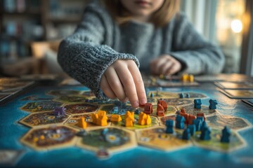 Child Plays Abstract Strategy Board Game with Colorful Wooden Components on Table