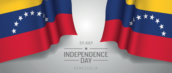 Venezuela happy independence day greeting card, banner with template text vector illustration. Venezuelan memorial holiday 5th of July design element with 3D flag with stripes