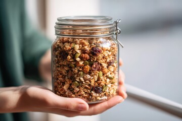 Glass Jar Filled with Homemade Granola Held in Person's Hands