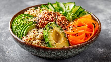 Colorful Quinoa Bowl with Avocado, Carrots, and Cucumbers Topped with Sesame Seeds