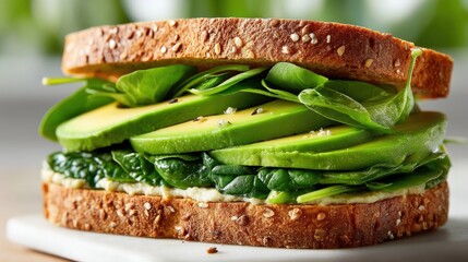 Whole grain sandwich featuring fresh avocado slices and green spinach leaves close up