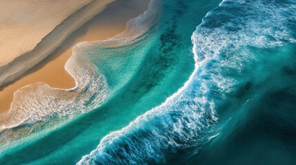 Aerial Seascape View of Waves Crashing on Sandy Beach Coastline