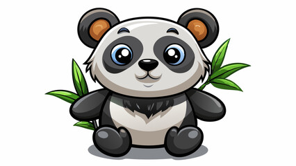 Fototapeta premium Cute panda doll with black felt ears and arms, holding a tiny bamboo leaf, centered on a white background. Ideal for Asian-inspired kids toy vectors or wildlife-themed decor.