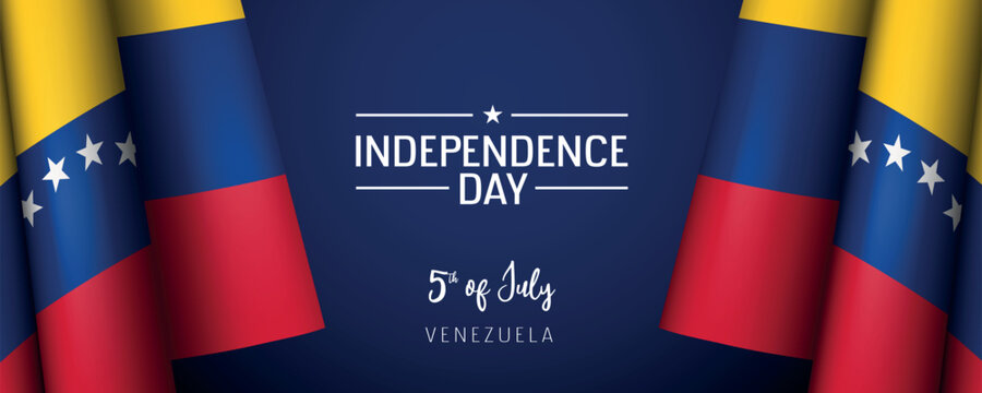 Venezuela independence day vector banner, greeting card. Venezuelan wavy flag in 5th of July national patriotic holiday horizontal design