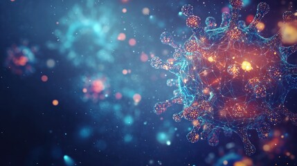 Futuristic immune system protection from infectious diseases concept with glowing low polygonal shield, coronavirus and bacteria cells on dark blue background