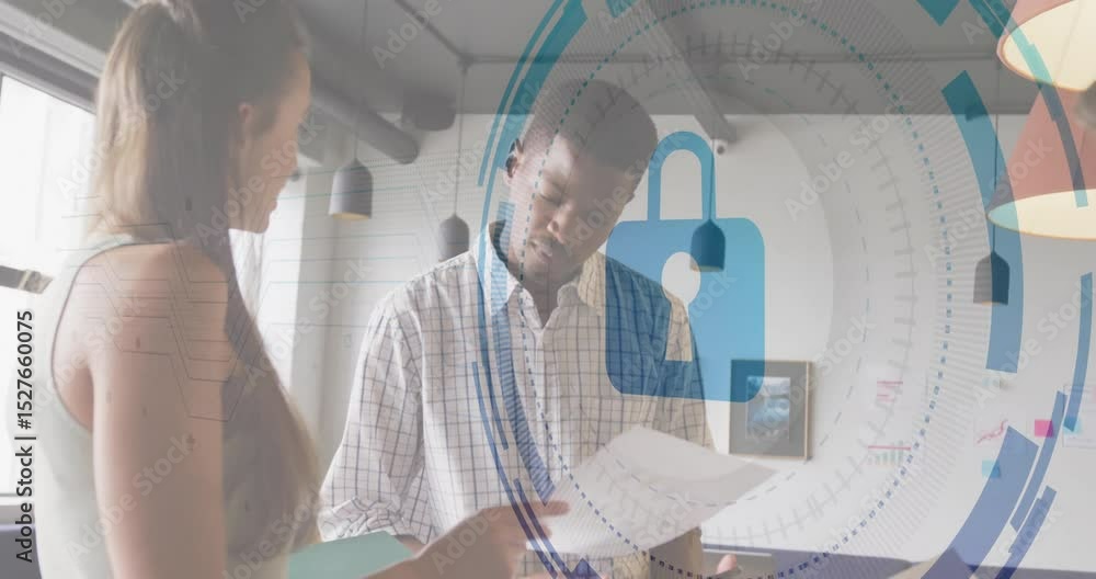 Poster intern handing chart to analyst in office, security graphics encircling data review