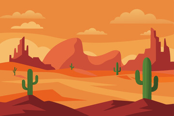 Desert landscape at sunset with a solitary cactus, silhouetted against a vibrant sky and distant mountains