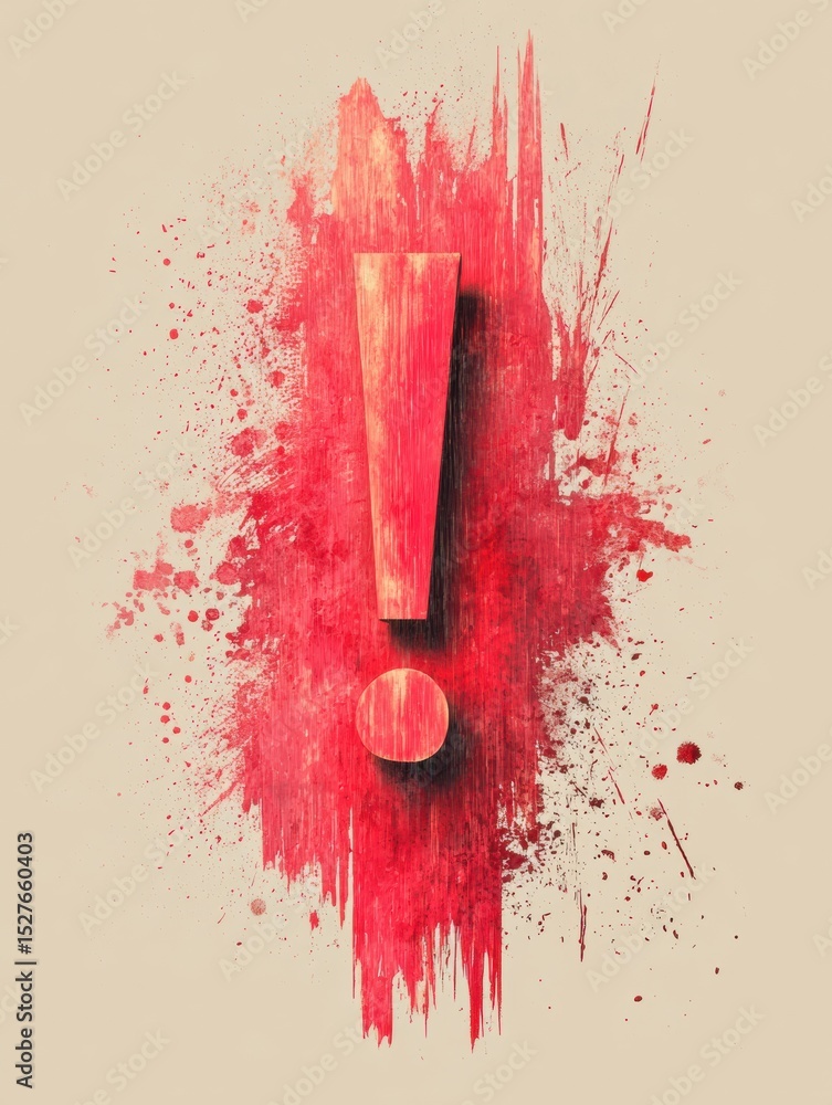 Fototapete Abstract Red Exclamation Mark Against a Neutral Background With Splashes of Color and Clear Right Side for an Impactful Visual Effect