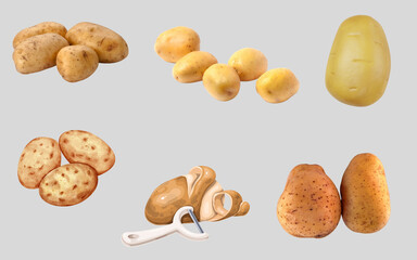 Collection of fresh new potatoes arranged on a transparent background with green leaves highlighting various sizes and shapes of Solanum tuberosum, completely