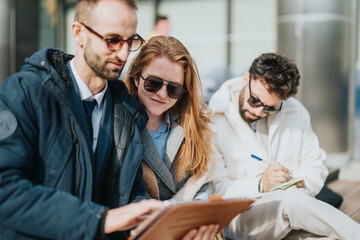 Three individuals engage in productive collaboration outdoors, reviewing documents and taking...