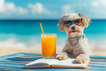 Colorful vacation on a sunny beach with a pet dog with sunglasses, a notebook, and a summer drink on the table on a sunny summer day