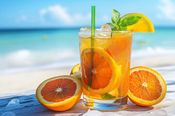 glass of orange juice on a beach