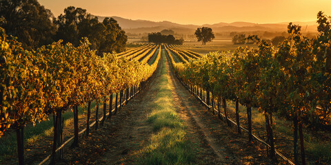 Naklejka premium sunset over endless vineyard rows