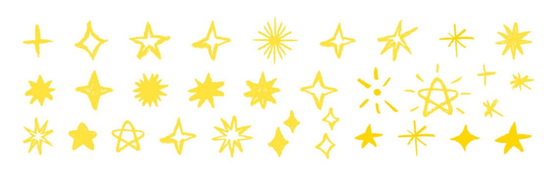 Pastel brush stars isolated on white background. Set of doodle yellow stars and sparkle elements.