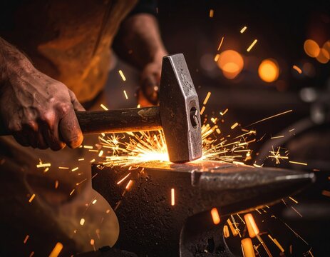 Caucasian male blacksmith forging metal with hammer on anvil in workshop