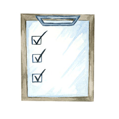 Checklist with wooden frame and three black check marks painted in watercolor illustration style. Ideal for productivity-themed printables, business icons, or project planning templates