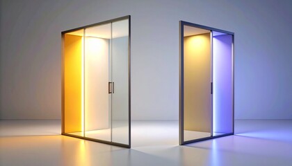Modern frosted glass partition illuminated from either side, one side cool lavender, the other soft amber, glowing in clean gradient split. 