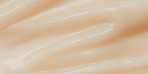 Glossy beige liquid cosmetic texture. Abstract 3D rendering of smooth, elegant nail polish, gel, or cream smear. Feminine beauty product background for makeup or skincare. Delicate, luxurious design.