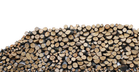 Stacked Firewood isolated on white background. Woodpile of birch tree firewood.