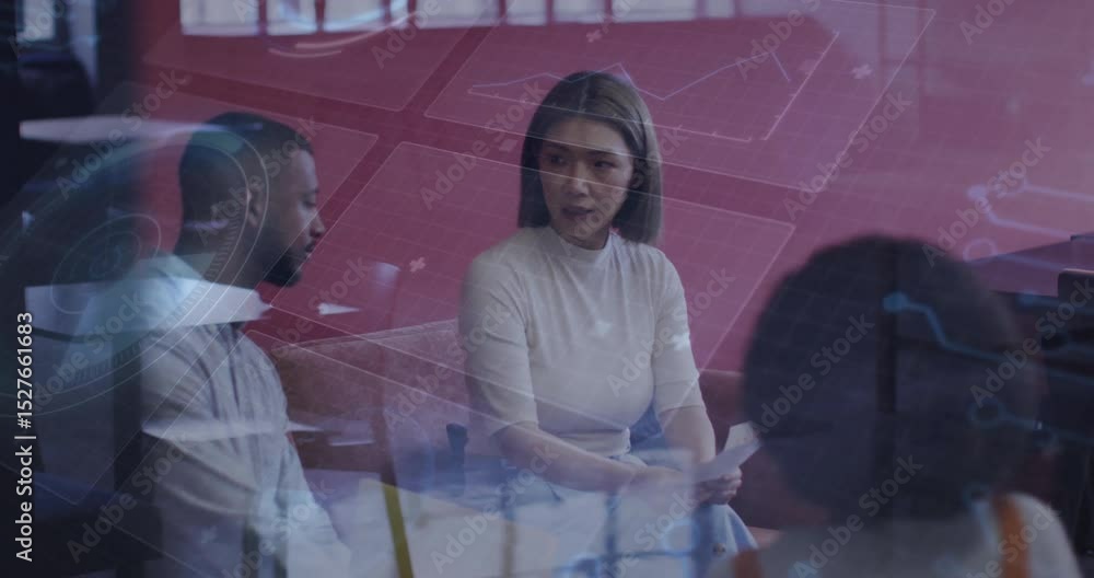 Poster picking up document, woman explaining data system in meeting with floating schematics overlay