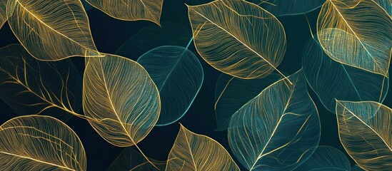 Golden leaves line art background vector. luxury gold abstract wallpaper with blue and tidewater green color.
