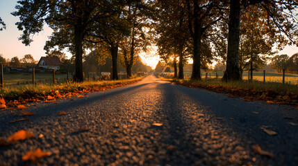 Naklejka premium Autumn light filtering through the trees lining a country road at sunset, creating a warm glow