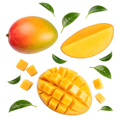 Fresh mango fruit pieces and leaves isolated on transparent background