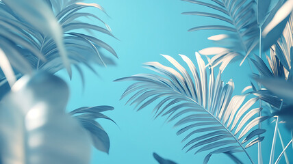 Obraz premium Elegant blue and white palm fronds against a soft turquoise background in a tropical setting