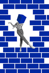 Collage design composite trend artwork sketch of headless young lady stnad box head dance brick...
