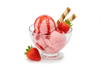Strawberry ice cream dessert in glass bowl isolated on white background