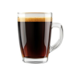 Rich dark coffee served in a clear glass mug captures the essence of a cozy morning routine at a cafe setting