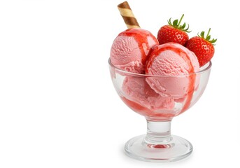 Strawberry ice cream sundae isolated on white background