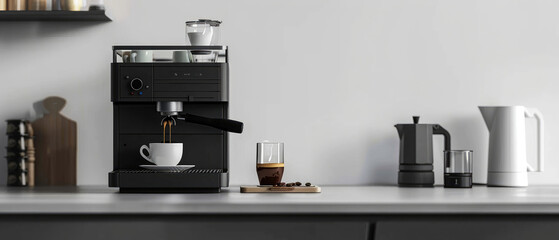 Professional espresso machine brewing a perfect shot into a cup, set against a minimalist grey backdrop. Mock up for coffee shops, barista culture, and gourmet beverage visuals.	