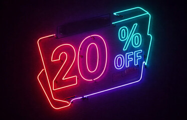 Twenty percent off neon lettering poster or banner. Sale offer or business promotion on events, for media and web.
