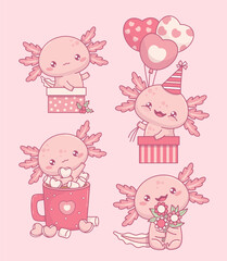 Pink Axolotl. Cute little kawaii character. Joyful birthday boy in gift box with balloons, bouquet flowers and in cup Hot Cocoa with Marshmallow. Isolated Vector illustration. Kids collection.