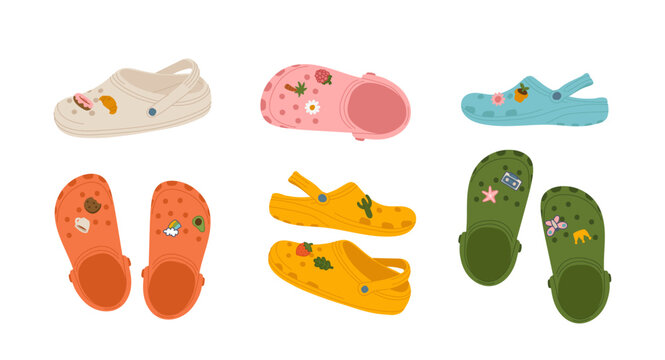 Modern colorful сrocs, trendy vibrant footwear, plastic summer shoes isolated set on white