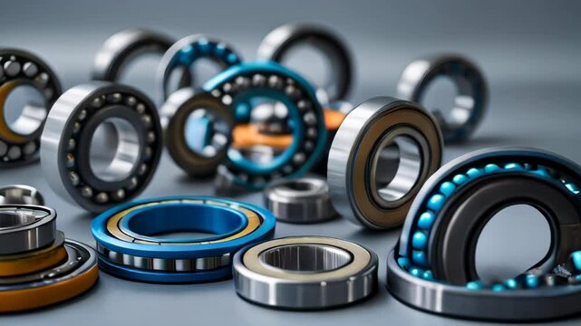 Close-up of axial chrome-plated deep groove ball and roller bearings on a gray background, engineered for heavy machinery and mechanical precision