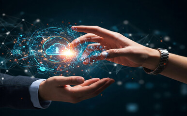 Digital and human futuristic style handshake, Cloud storage ,Circuit background data processing technology and cloud computing concept.  Cloud technology and Integrated digital web concept.
