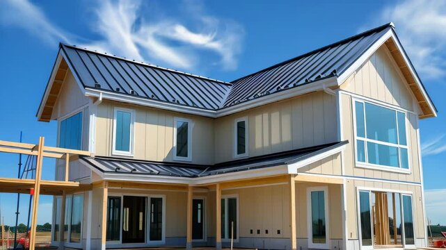 video of Building a SIP panel home with a sleek gray metal tile roof and crisp white rain gutters for modern durability.