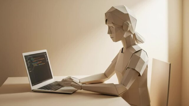 Paper woman programmer typing code on laptop computer. Robot concept with human like hands coding for future development. 3D animation footage.