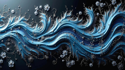 Obraz premium Graceful Blue and Silver Swirls with Ornate Winter Branches