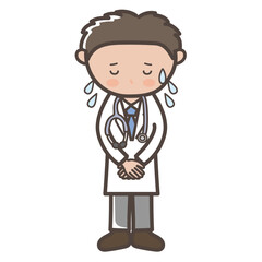 大汗をかいて謝罪する男性医師の全身イラスト