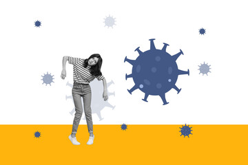 3d sketch poster trend art collage image of dissatisfied girl stand coronavirus molecule bacterium...