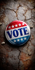 A patriotic American 'Vote' button pinned to a weathered, rustic surface, symbolizing the importance and resilience of democracy.