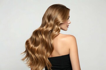 Long brown hair frames the face of a smiling woman, a beautiful brunette model with glowing skin in a studio
