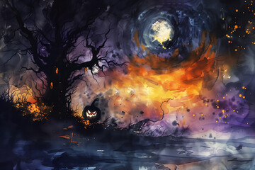 Watercolor Painting of Trending Halloween Scene with Organic Textures and Artistic Composition. Generative AI