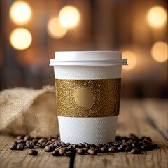 Paper craft coffee cup mockup with textured gold sleeve on wooden table, surrounded by roasted coffee beans. Warm bokeh lights create cozy atmosphere.