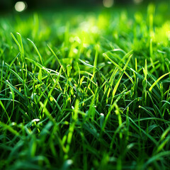 Vibrant close-up of lush green grass texture. Summer nature background and eco-themed projects.